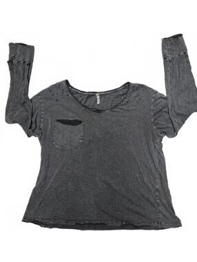 Magnolia Pearl Long Sleeve Charcoal Cotton Pocket Tee With Distressing  One Size